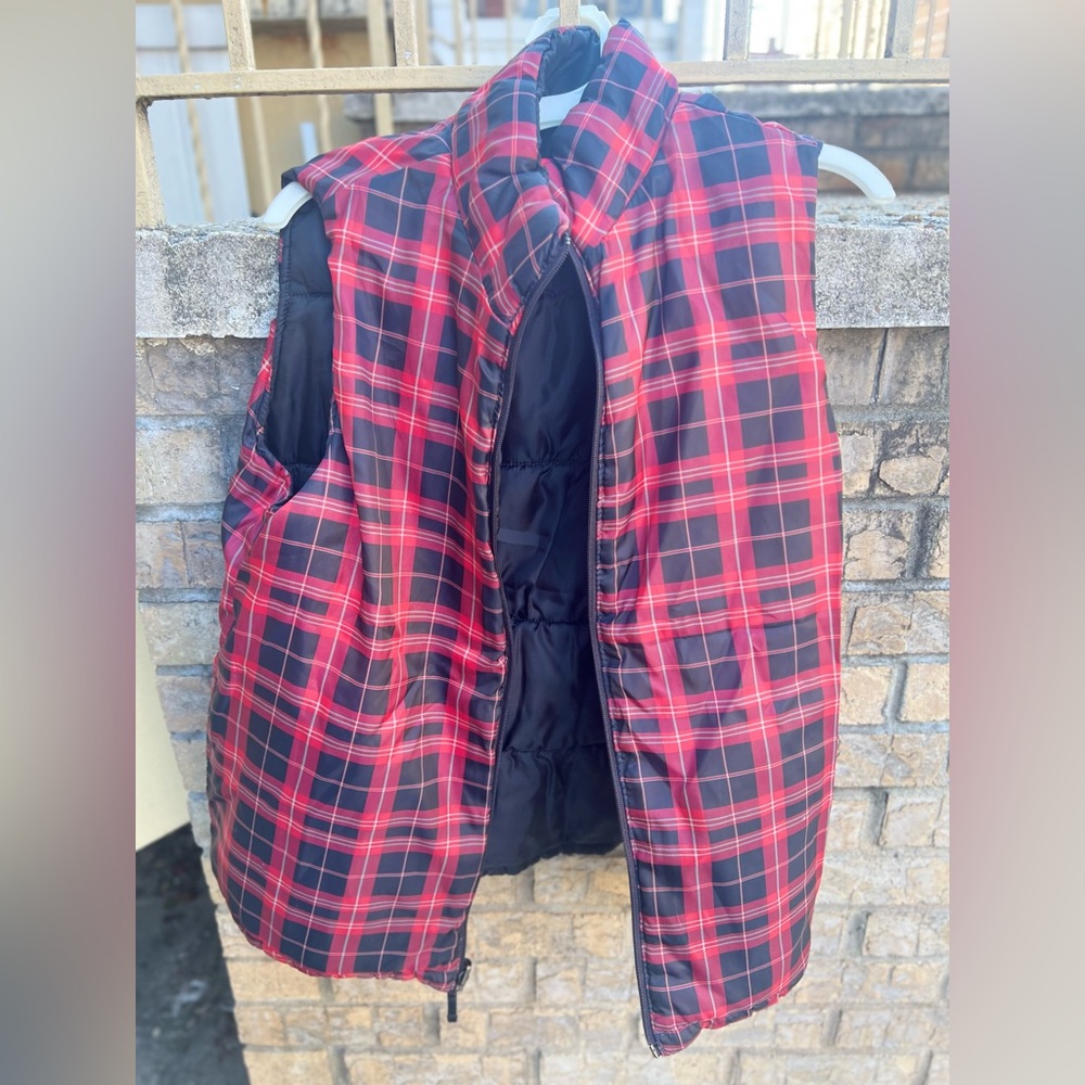 Red and Black Plaid Puffer Vest